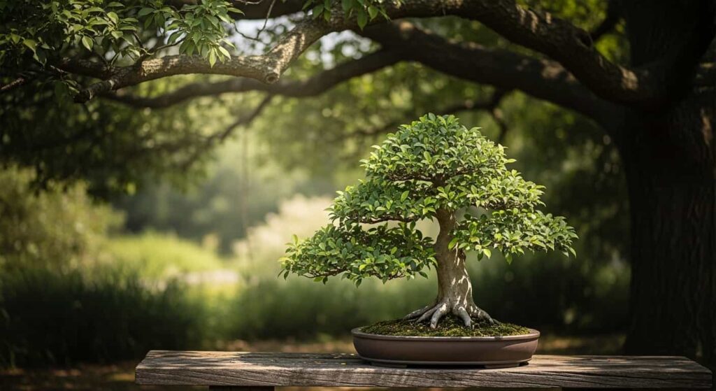 A Ficus bonsai tree resting on a wooden bench in dappled sunlight under a tree canopy, representing ideal post-repotting shade conditions.