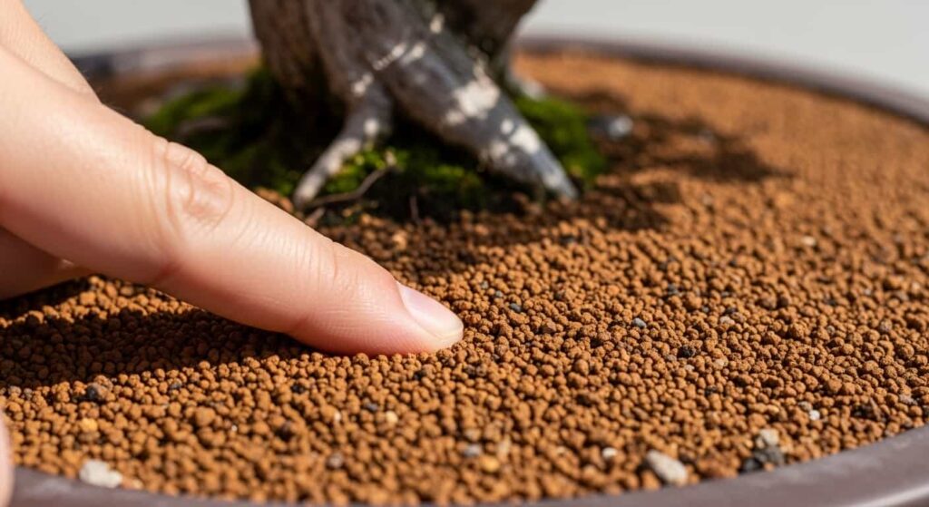 A person performing the finger test on a bonsai tree, inserting a finger into the soil to check moisture levels one centimeter deep after repotting.