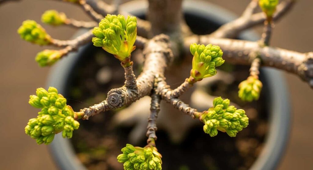 Close-up of new green buds swelling on a Japanese Maple bonsai branch, signaling root recovery after pruning