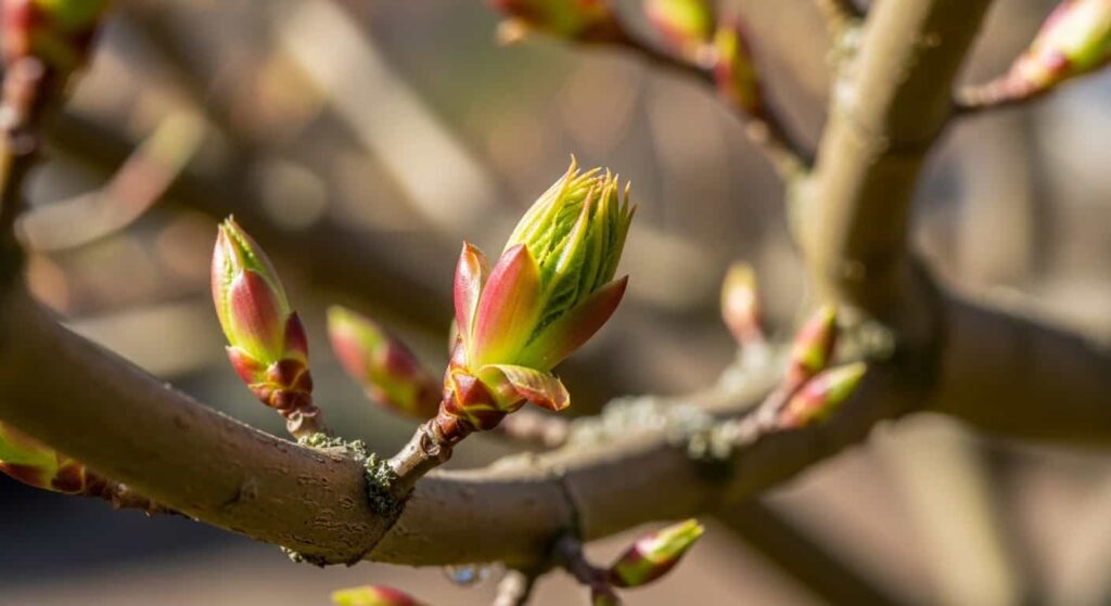 Macro close-up of a Japanese Maple branch in early spring with swelling buds just beginning to open, signaling the ideal time for bonsai repotting.