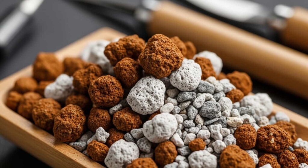 Hand holding a mix of granular bonsai soil, featuring akadama, pumice, and decomposed granite, ideal for boxwood drainage and aeration.