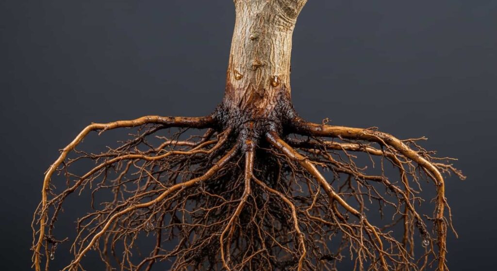 Macro shot of a Japanese Maple bonsai nebari after root washing, highlighting the clean, radial spread of surface roots and fine feeder roots.
