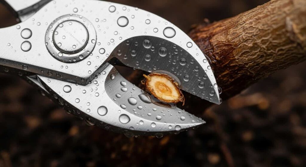 Macro photography of sharp concave cutters making a clean cut on a woody bonsai root, emphasizing the importance of tool hygiene and precision.