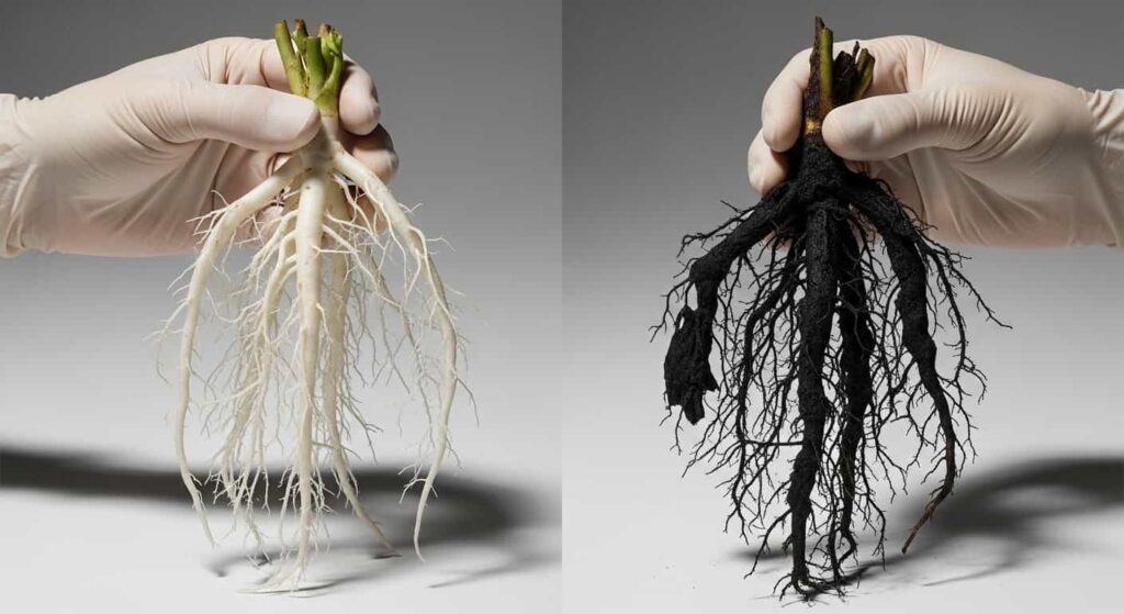 Comparison of healthy white Chinese Elm bonsai roots versus black mushy roots affected by root rot fungus