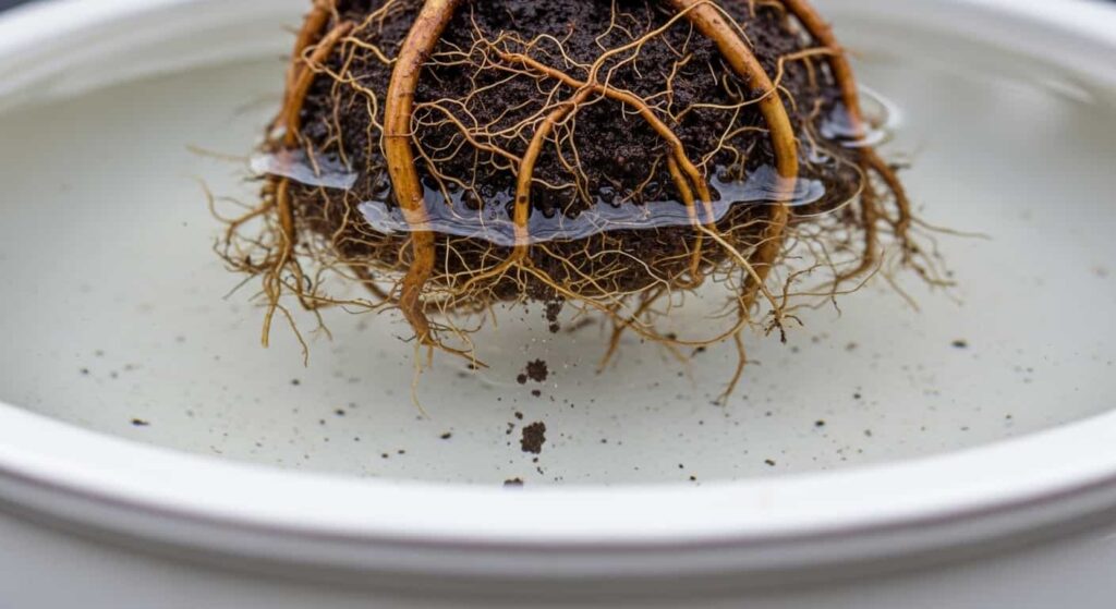 Clean bonsai roots visible underwater with soil settling at bottom of bowl