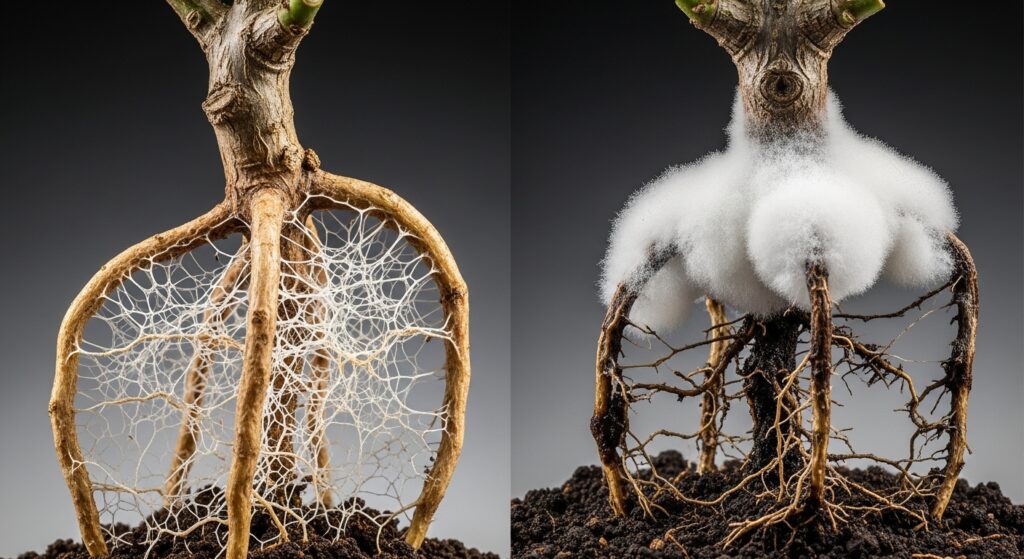 A split-screen macro image comparing beneficial mycorrhizal fungi, shown as fine white webs on healthy roots, versus harmful cottony white mold on decaying, dark roots.