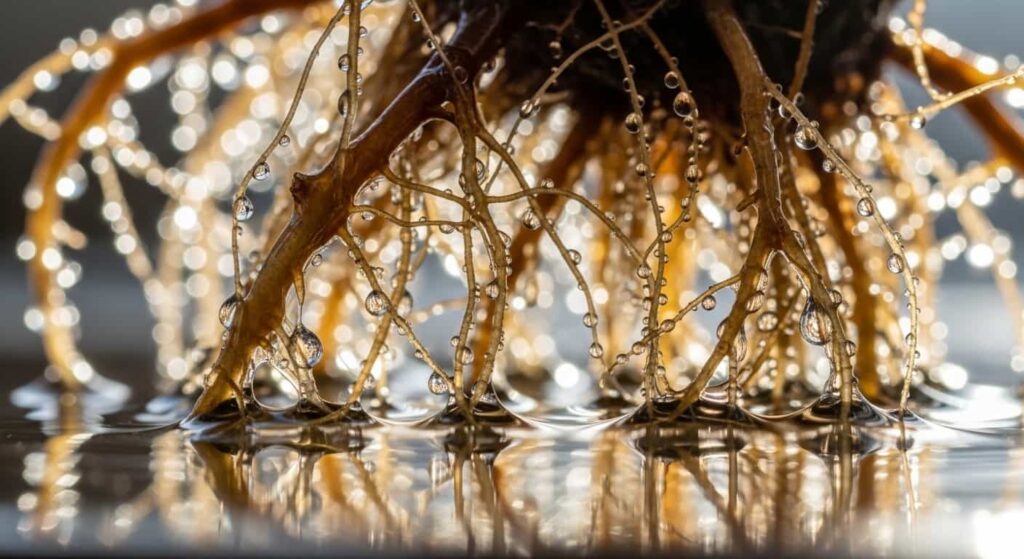 Macro close-up of delicate bonsai feeder roots submerged in water with glistening droplets