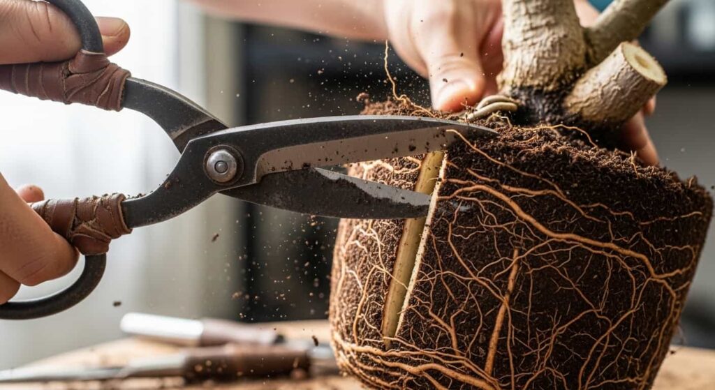 Gardener using long-bladed bonsai root scissors to prune a dense root ball during a spring repotting session.