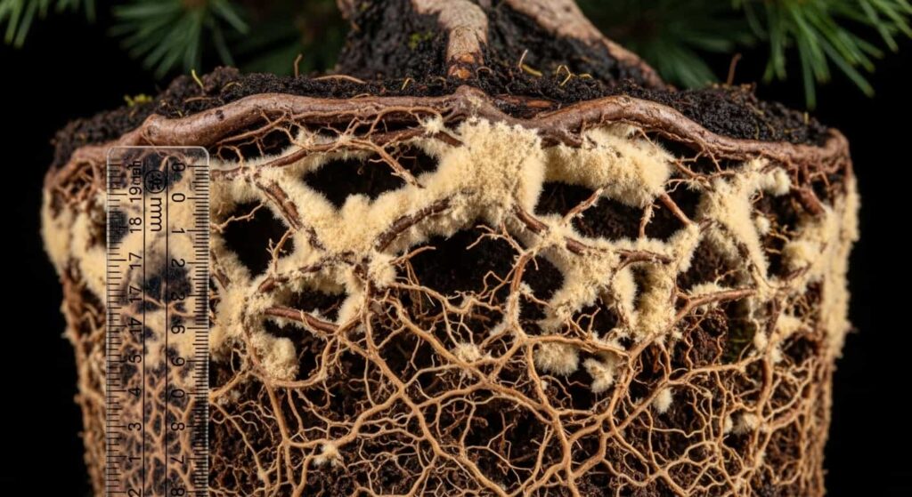 Extreme macro shot of pine bonsai roots covered in beneficial white and cream-colored mycorrhizal fungi, essential for tree health.