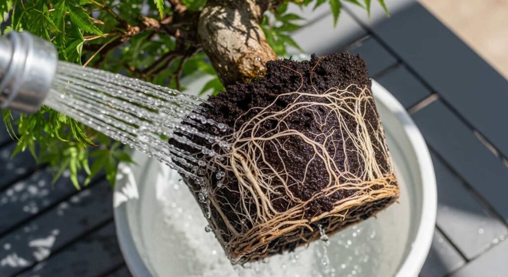 Top-down view of a Japanese maple bonsai root ball being gently washed with a soft spray of room-temperature water to remove soil without damaging delicate feeder roots.