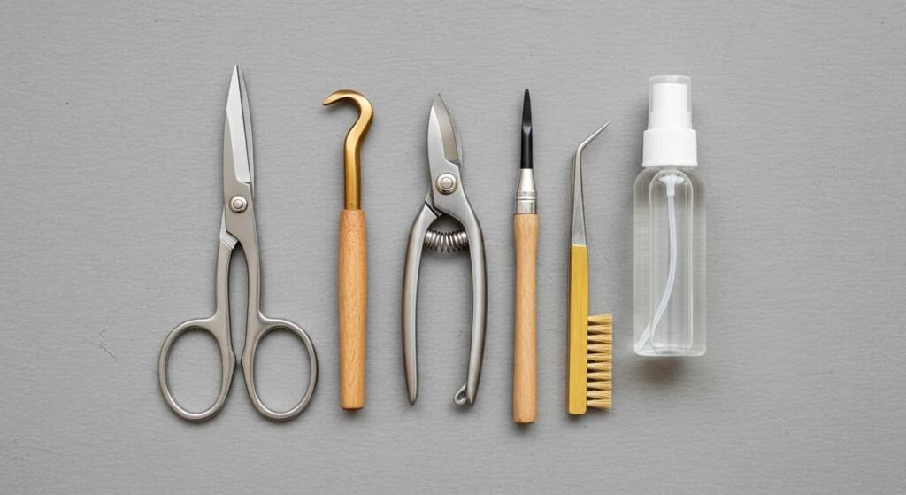 A flat lay of essential bonsai tools for root pruning, including root scissors, bypass pruners, a root hook, and a brush, all sterilized and ready for use.