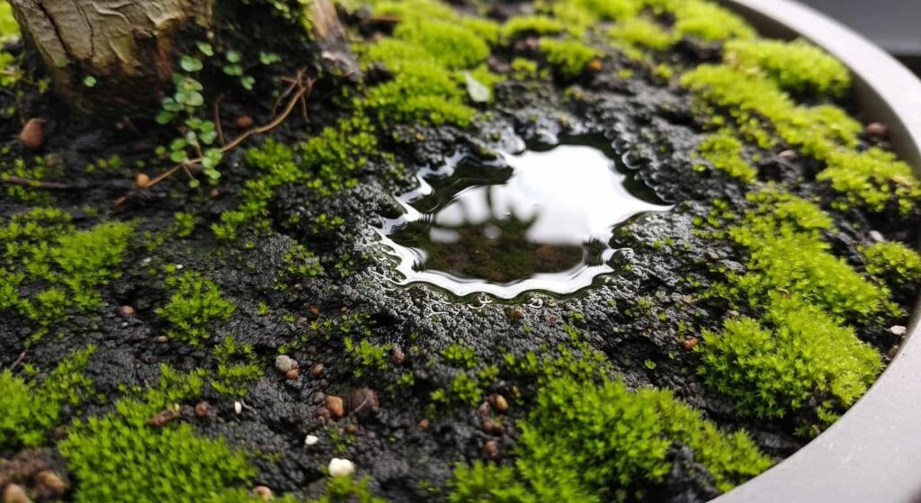 Close-up of overwatered juniper bonsai soil showing green moss, algae, and standing water indicating poor drainage.