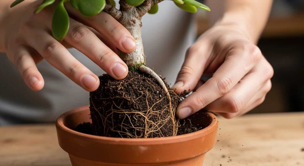 Close-up of hands gently removing a jade bonsai tree from a terracotta pot by tapping the bottom and supporting the trunk.
