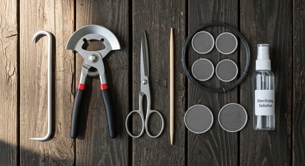 Bonsai root pruning tools arranged on wooden surface including root hook, concave cutters, scissors, chopstick, wire, and sterilizing spray