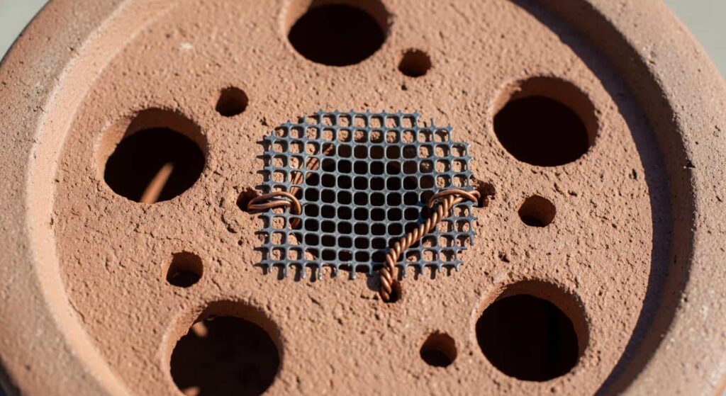 Underside of a brown ceramic bonsai pot showing multiple drainage holes and wire holes, with a piece of mesh secured over one for soil retention.