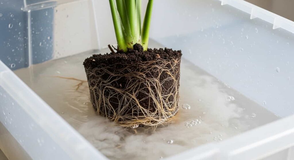 Plant roots being washed in a clear plastic storage bin, with soil clouding the water, demonstrating an effective method for cleaning root systems.