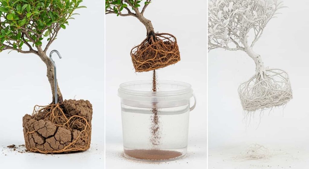 Comparison of three root washing methods showing dry teasing, tub method, and completely bare roots side by side