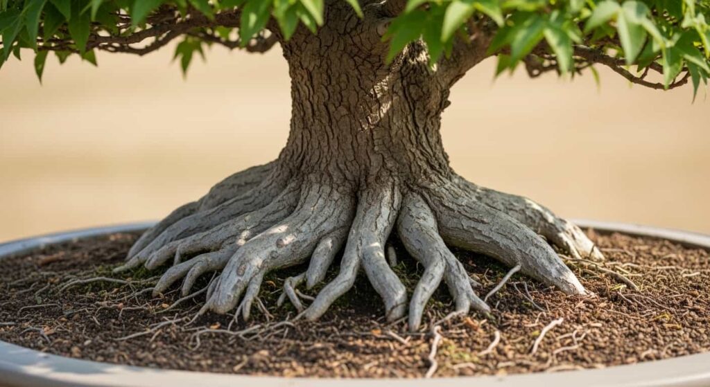 Ground-level view of a perfect trident maple bonsai nebari with thick, radial surface roots flaring out from the base of the trunk.