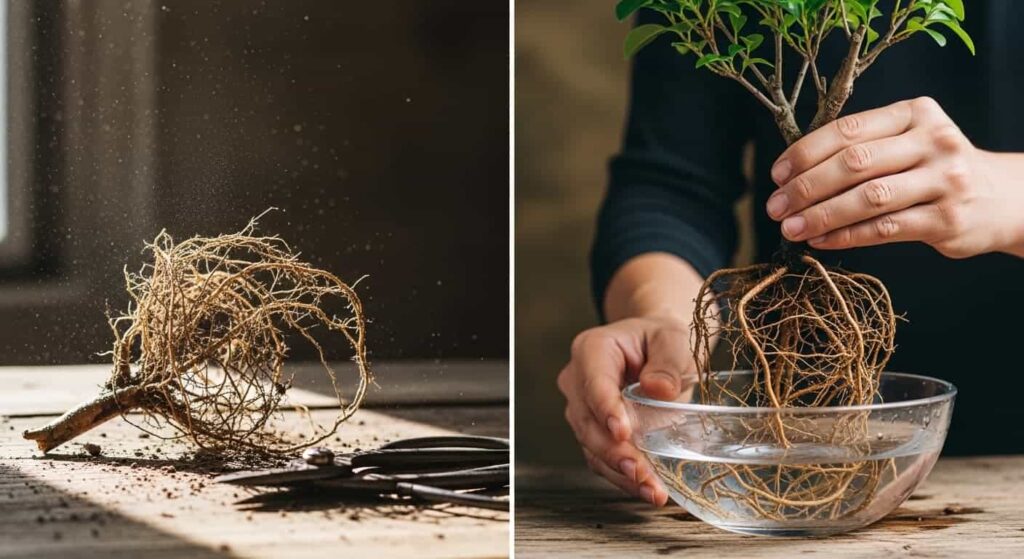 side by side comparison of dry bonsai root pruning and underwater root trimming methods