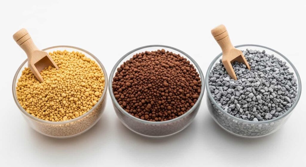 Comparison of three bonsai soil components in clear bowls: light Kanuma granules, darker Akadama, and grey grit, essential for creating an acidic, well-draining mix for azalea bonsai after root pruning.