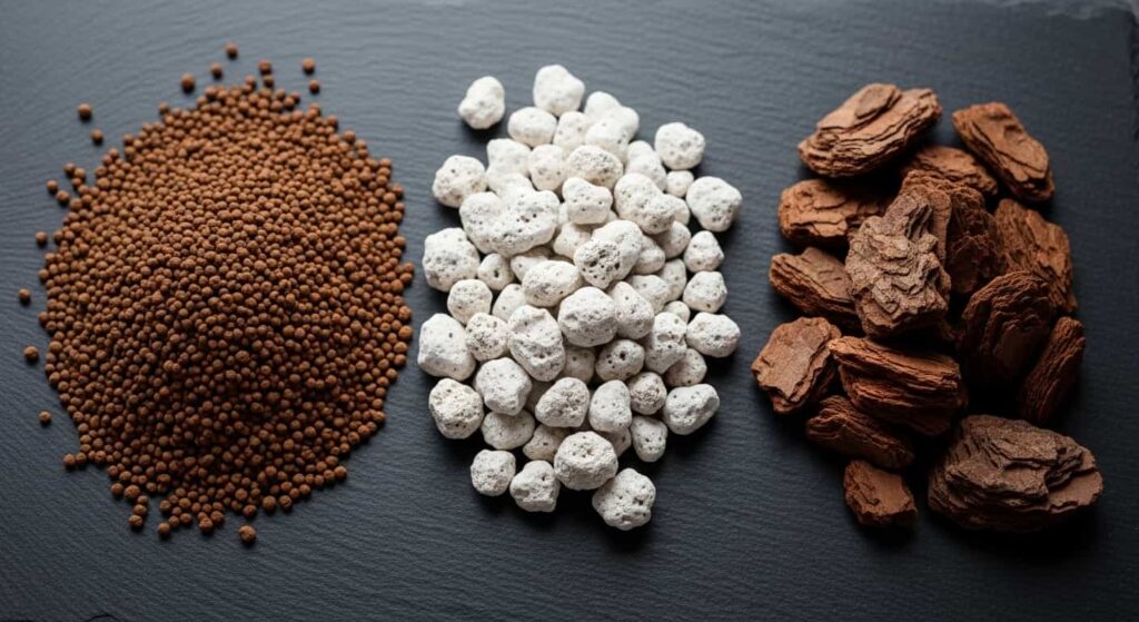 Premium banyan bonsai soil mix components including akadama clay, pumice stone, and coarse organic material arranged on dark slate background