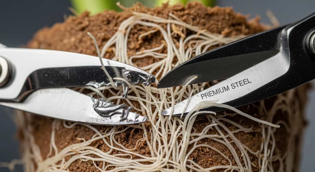 Macro comparison showing a premium tool making a clean cut versus a budget tool crushing fine bonsai feeder roots.