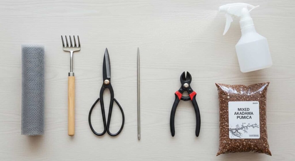 Flat lay of essential bonsai tools for spring root pruning, including shears, root rake, chopstick, and fresh soil mix.