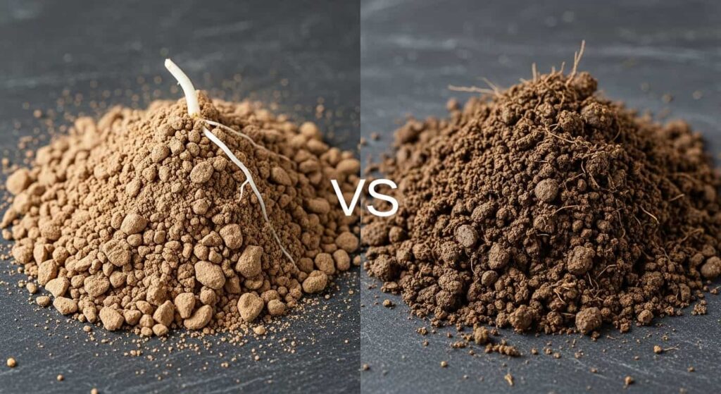 Comparison of fresh, angular akadama particles versus degraded, compacted akadama from an old bonsai pot.