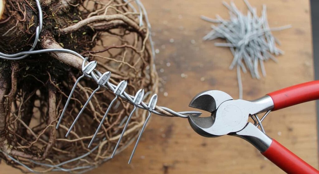 Bonsai artist using spherical-head wire cutters to make relief cuts on wire attached to surface roots, segmenting it for safe removal.