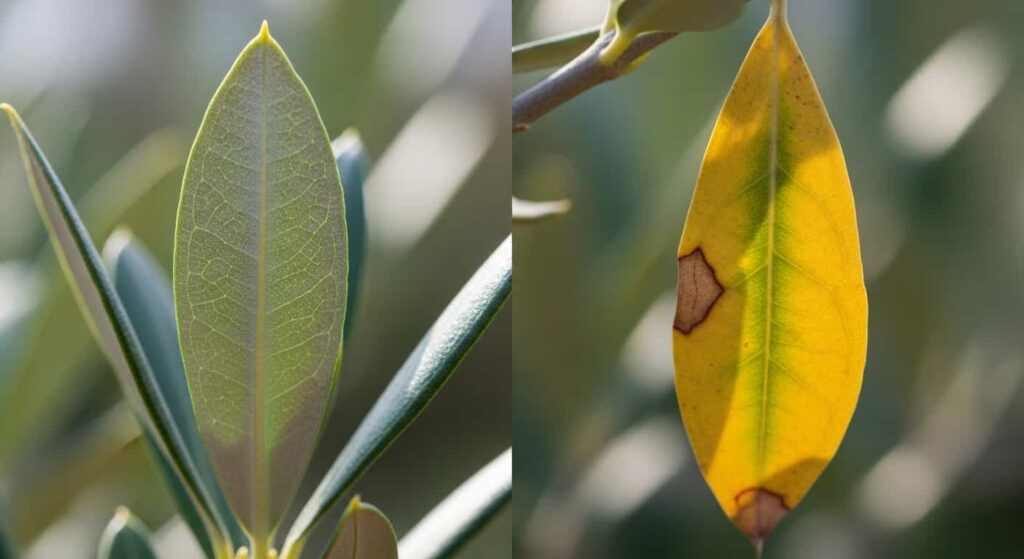 Comparison of healthy silver-green olive bonsai leaf versus yellowing stressed leaf, indicating need for root inspection and repotting