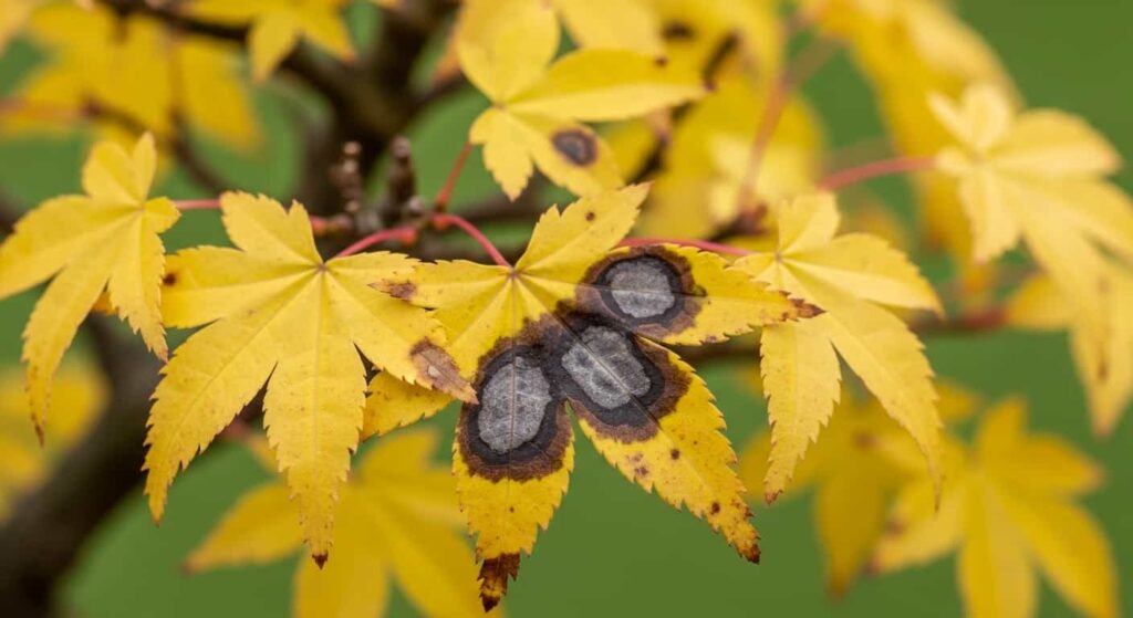 Close-up of Japanese maple leaves showing symptoms of overwatering after root pruning, including uniform yellowing and soft, mushy, dark spots on the foliage.
