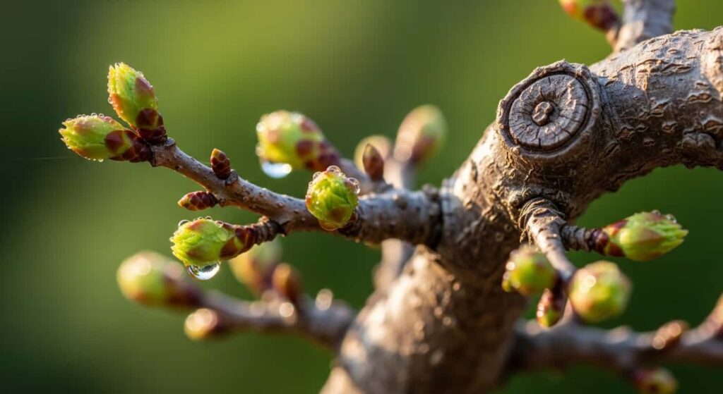 Swelling buds on bonsai branch in early spring, natural indicator that tree is ready for root pruning and repotting