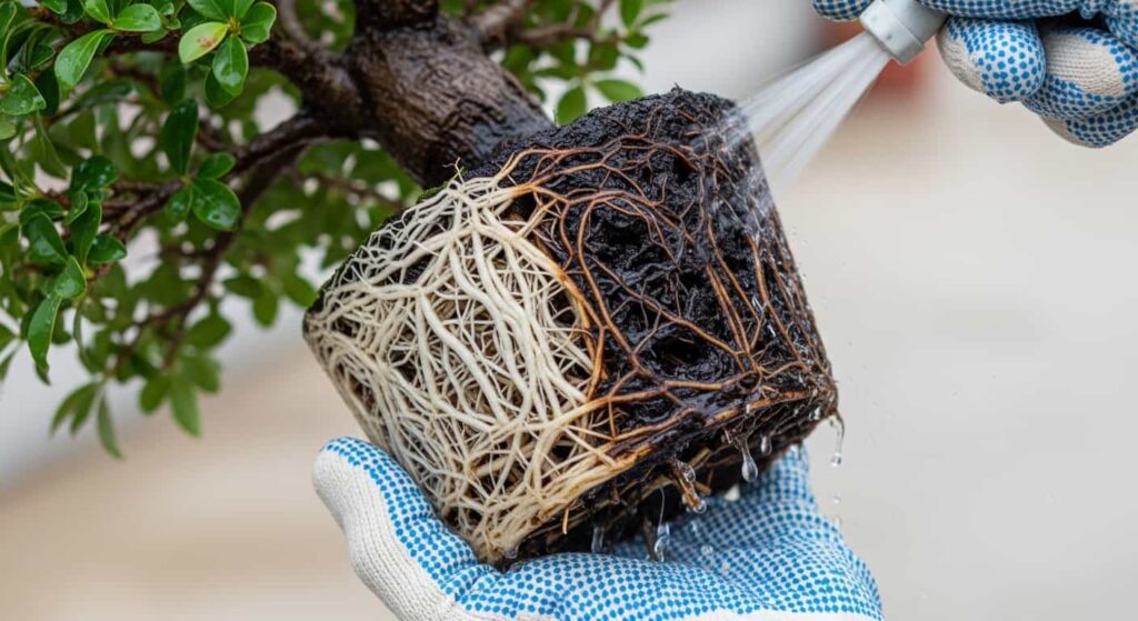 Comparison of healthy bonsai roots (firm and white) versus rotten roots (dark, mushy, and disintegrating) being washed from the soil for inspection.