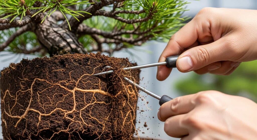 Close-up of bonsai artist's hands using a root hook to carefully comb old soil from a black pine root mass, revealing healthy roots in bright morning light.