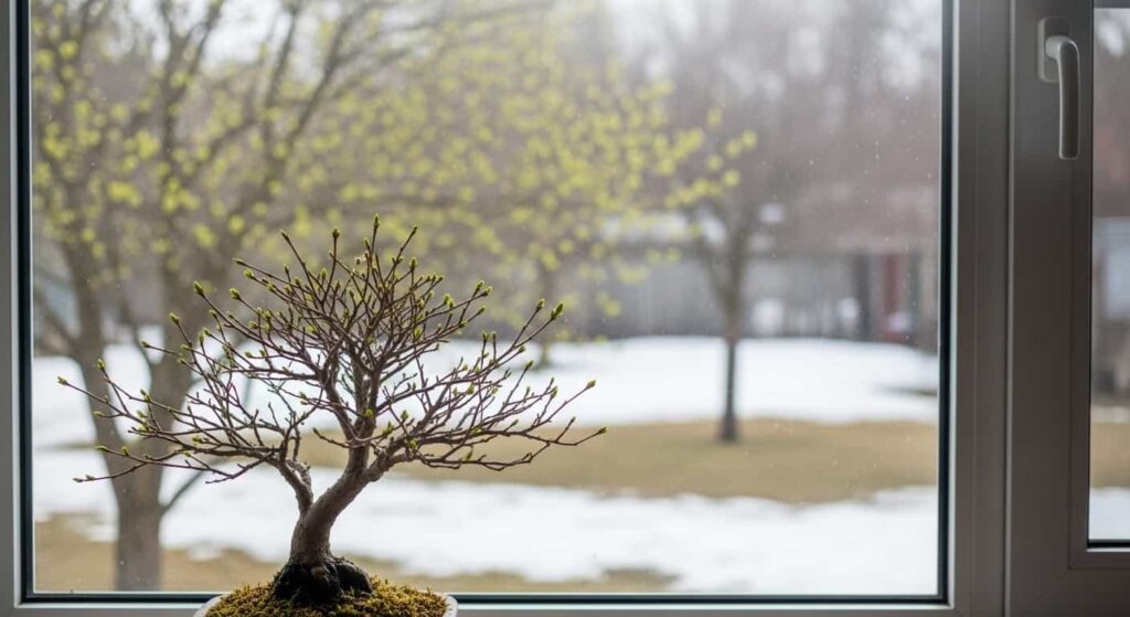 Serissa bonsai on a windowsill in late winter, with melting snow and early spring buds visible outside, indicating the ideal time for root washing.