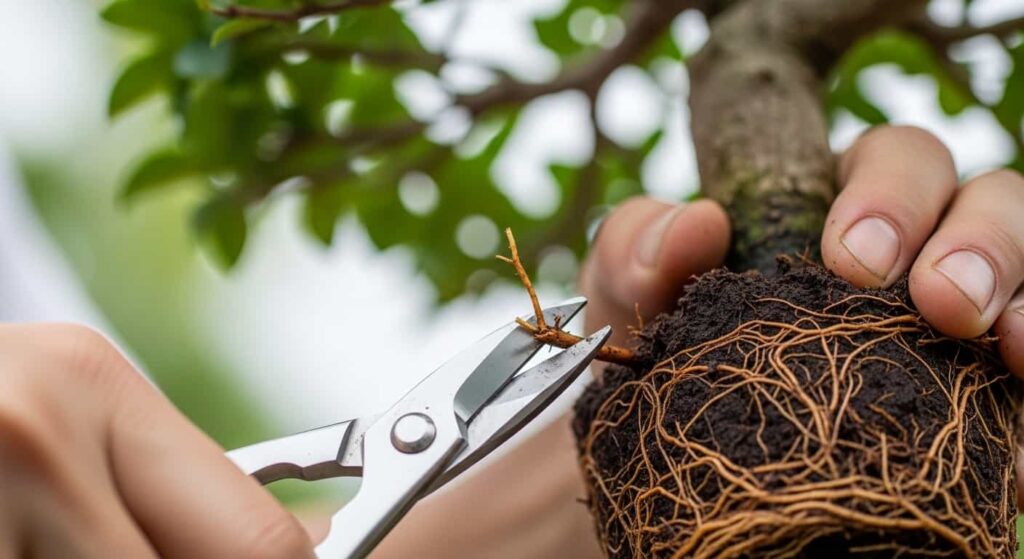Close-up of hands using stainless steel root pruning scissors to carefully trim fine feeder roots from a bonsai tree during repotting.