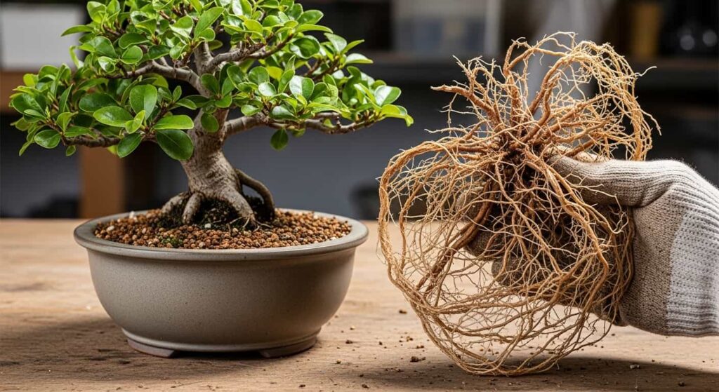 Wilted bonsai tree next to a discarded pile of healthy roots showing over-pruning damage.