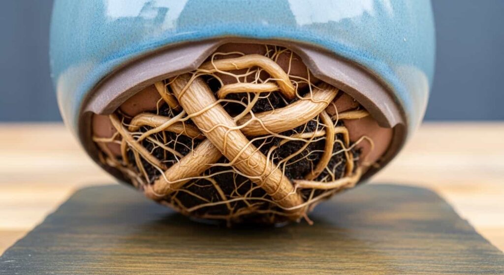 Close-up view of thick, woody roots growing out of the drainage holes at the bottom of a bonsai pot, a clear sign the Japanese maple is severely root-bound and needs repotting.