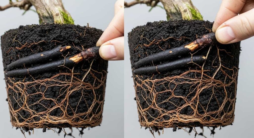 Bonsai tree suffering from severe root rot, with black, mushy roots and soggy soil, indicating overwatering and fungal infection after pruning.
