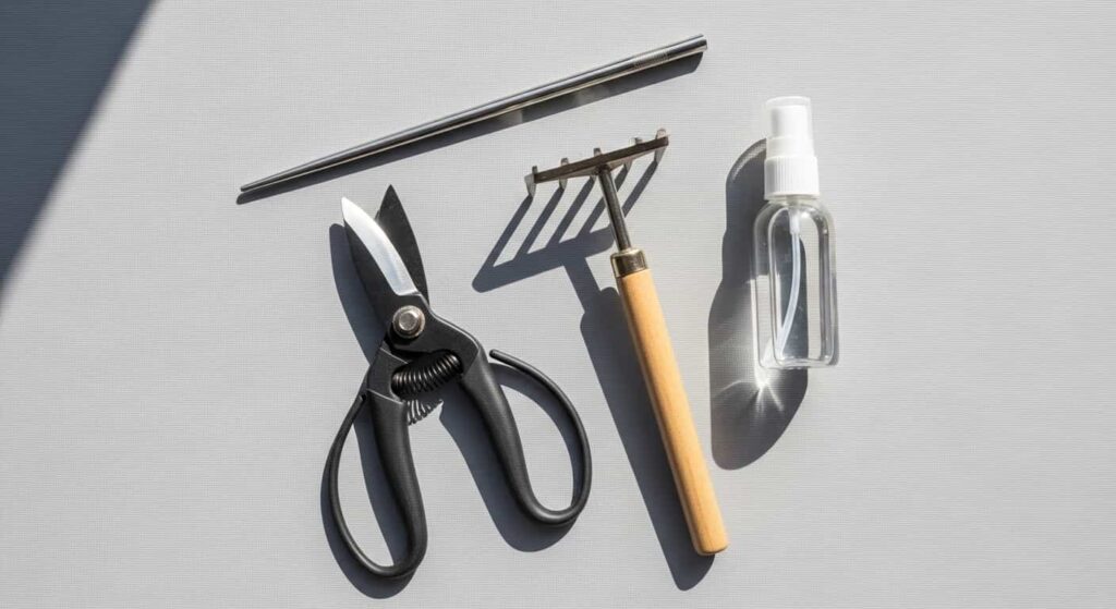 A flat lay of essential bonsai tools for root pruning, including sharp shears, a root rake, a chopstick, and a spray bottle with sterilizing solution.