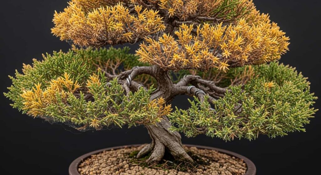 A stressed Juniper bonsai tree with yellowing foliage and spider mite infestation, highlighting conditions when root pruning should never be performed.