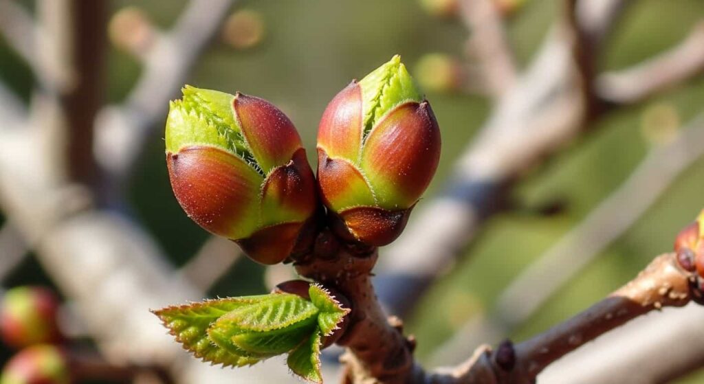 A hyper-realistic macro photo of a Chinese Elm branch in early spring, showing plump, swelling buds with visible green tips, signaling the perfect time for root pruning.