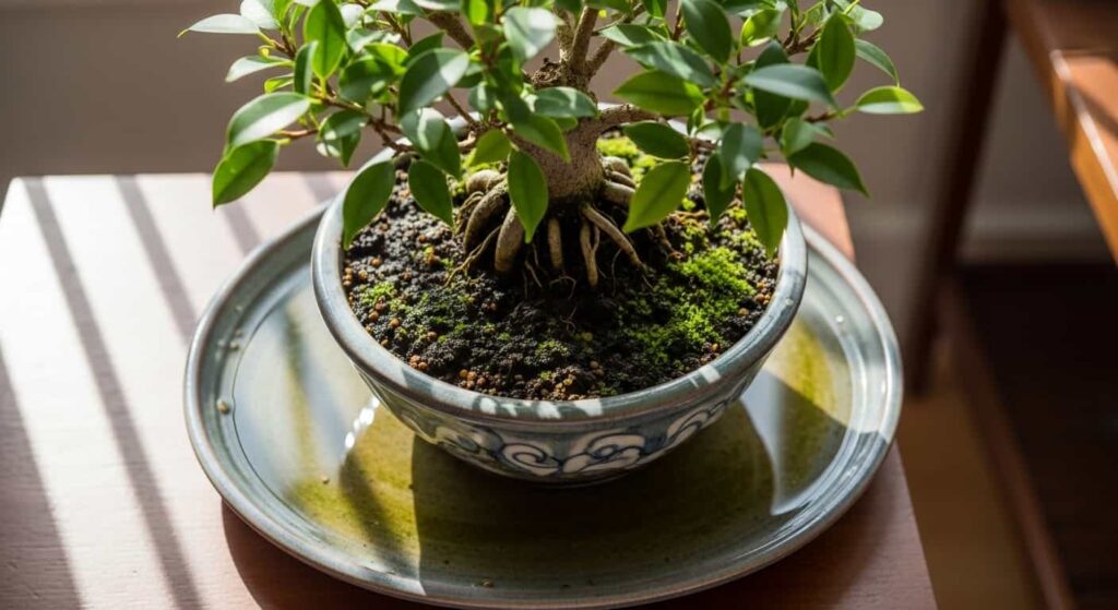 Ficus bonsai in pot without drainage holes showing standing water and saturated soil conditions that cause root rot