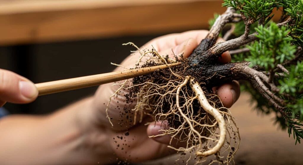 Close-up of using a chopstick to gently remove old soil from juniper bonsai roots, revealing the root structure before pruning.