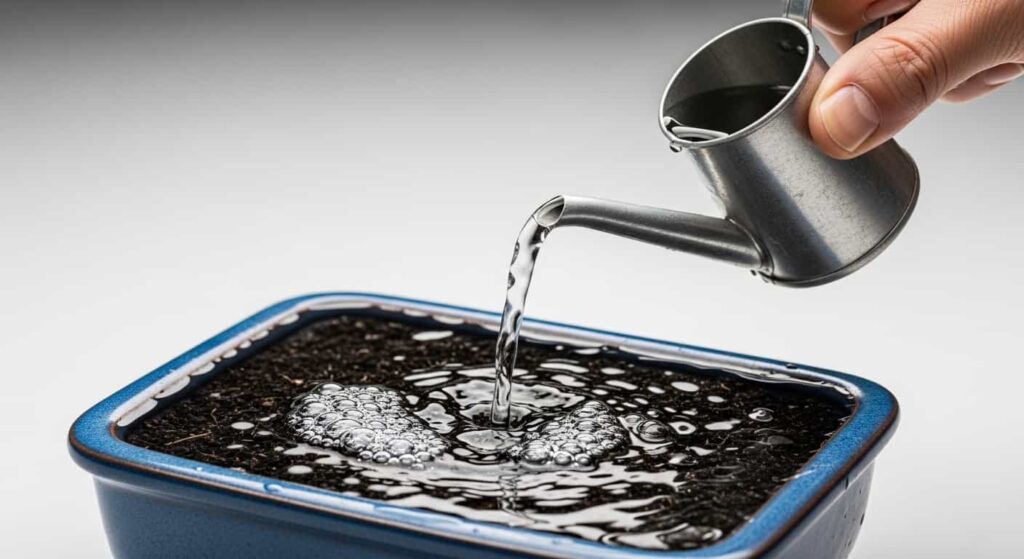 Overwatering a bonsai in a pot with poor drainage, causing water to pool on the soil surface.