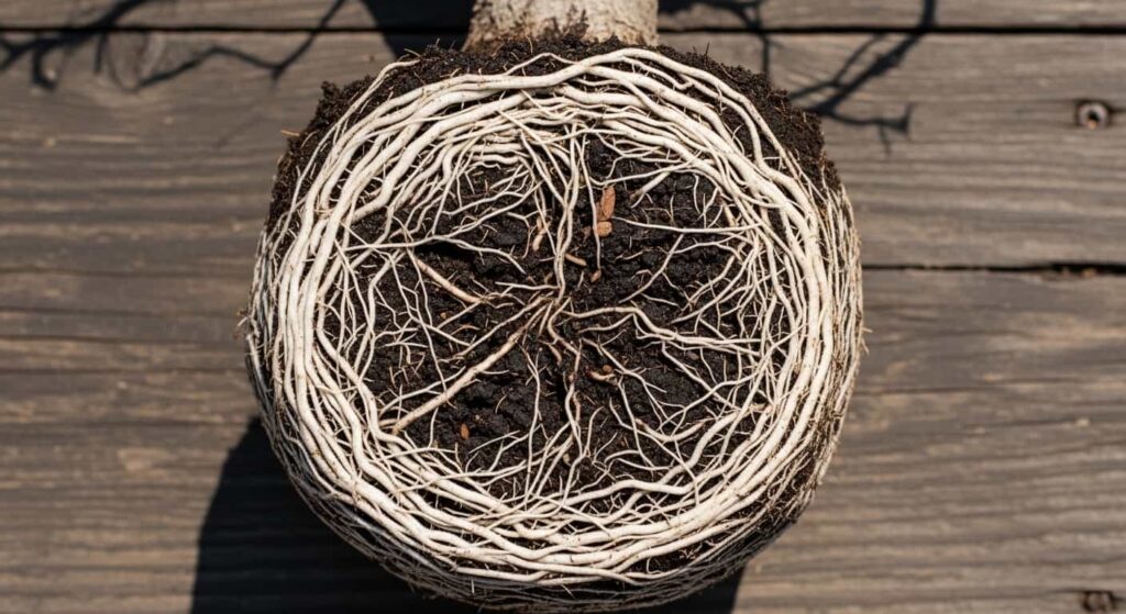 root-bound bonsai root ball with thick circling roots visible
