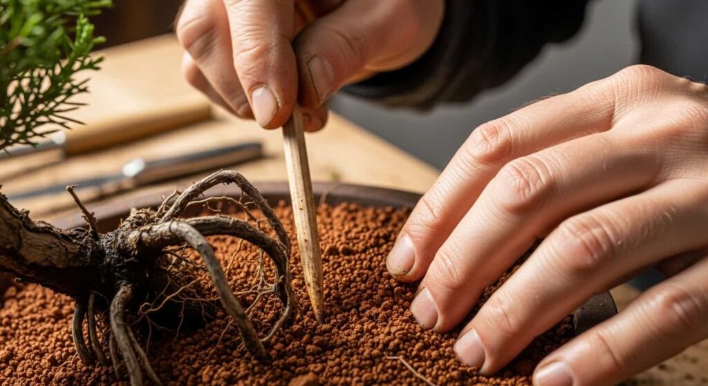 Close-up of hands using a chopstick to carefully work fresh akadama soil between the roots of a bonsai tree to prevent air pockets after trimming.