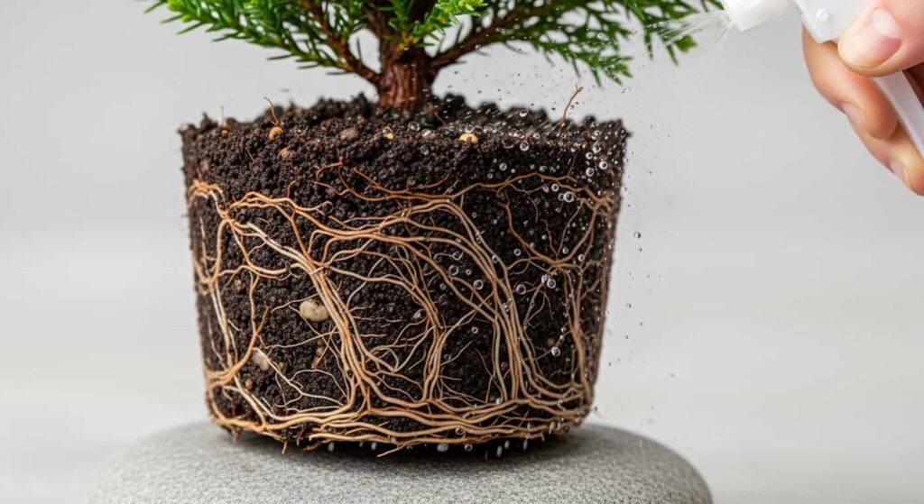 Gentle rinsing of juniper bonsai roots with a spray bottle during the bare-rooting process to protect delicate feeder roots.