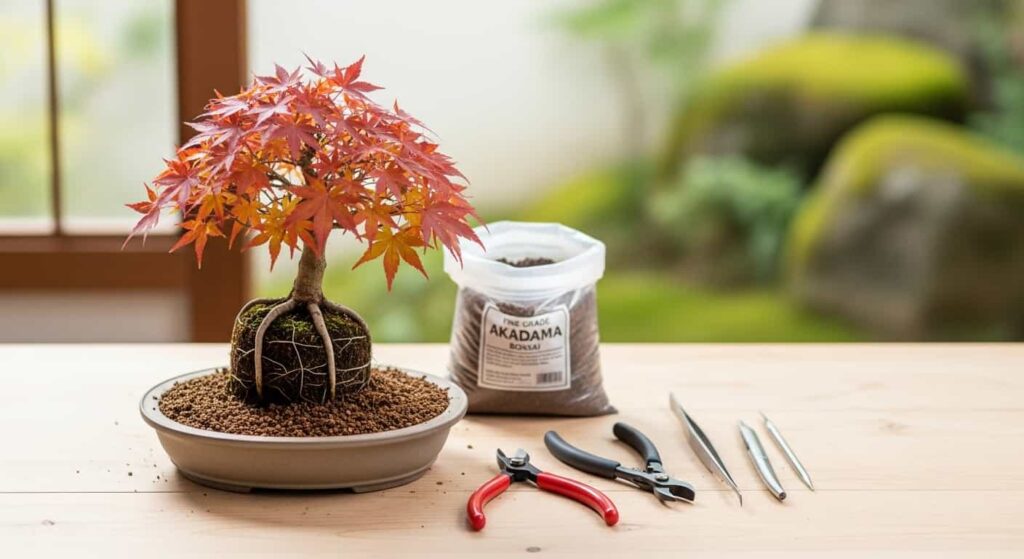 Freshly repotted maple bonsai in ceramic pot with clean tools on workbench, ideal late winter root pruning setup