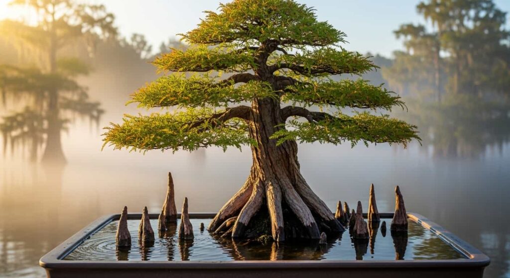 Mature Bald Cypress bonsai with distinctive root knees and swollen trunk base growing in water tray